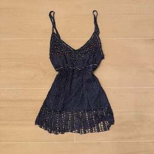 Navy Blue Beaded Crochet Knit Mini Dress